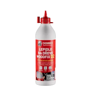 Lepidlo na drevo Den Braven WOODFIX 500 g v plastovej fľaši s červeným uzáverom, vhodné na interiérové lepenie dreva a drevených materiálov.