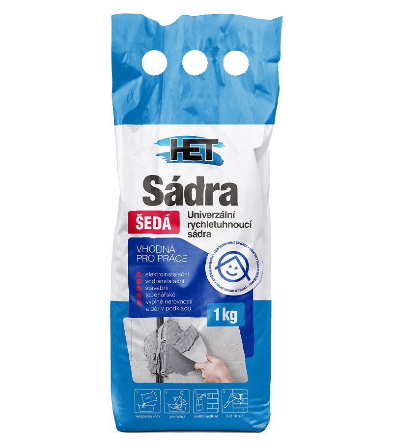 Sádra šedá HET 1kg Sádra šedá HET 1kg – ideálne na opravy, montáž elektrokrabíc a vyplňovanie škár